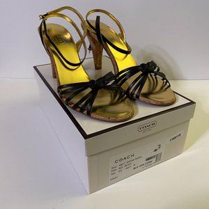 Coach Gianna Nappa Italian Black Cork Leather Sandals 3.5" Heels 9M Medium